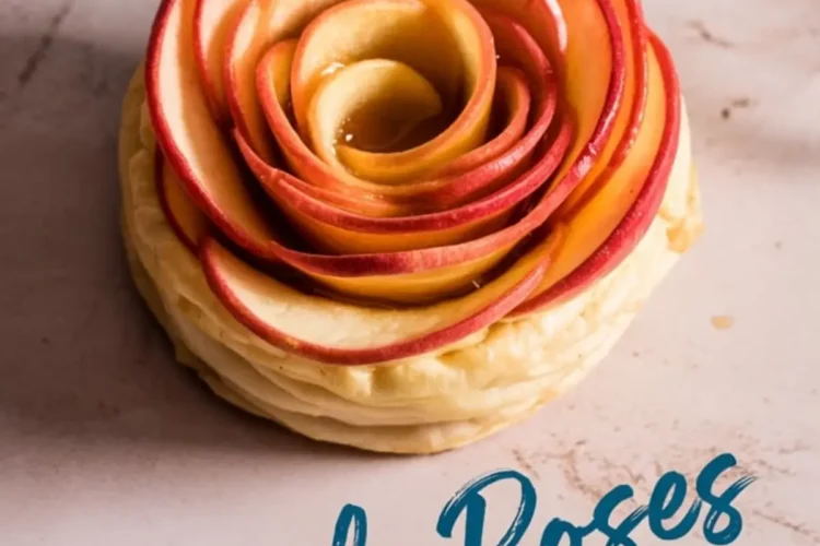 Overhead shot of an apple rose pastry with delicately layered red apple slices on a puff pastry base, styled with cinnamon sticks and the text “Apple Roses” in blue cursive font on a marble-textured surface.