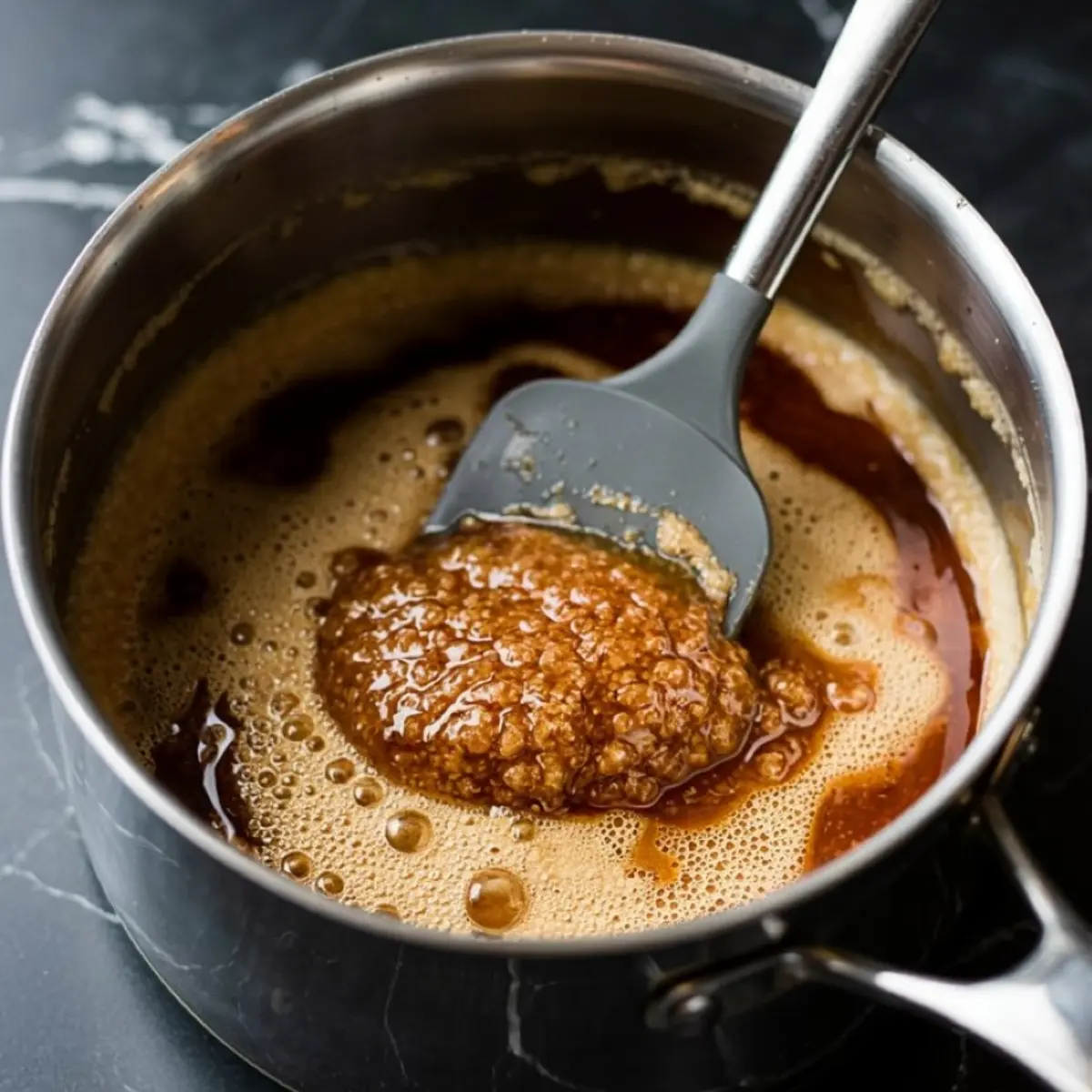 Brown sugar and butter mixture bubbling in a saucepan, being stirred with a silicone spatula during the cooking process.
