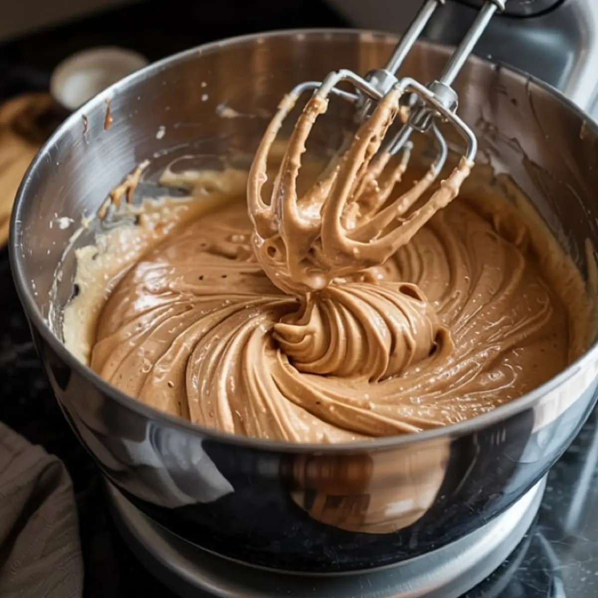 Thick and fluffy brown sugar frosting being whipped in a stand mixer bowl with beaters coated in the creamy mixture.