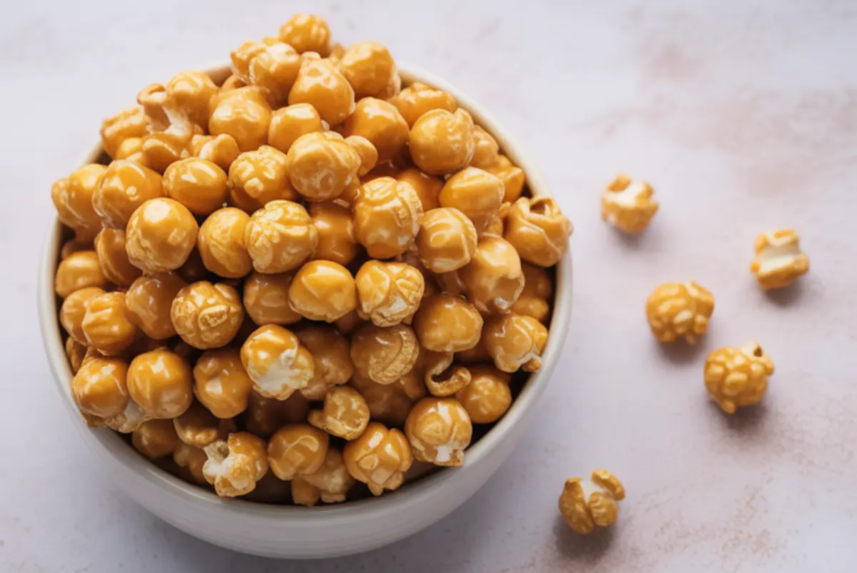 Close-up of caramel-coated popcorn in a bowl, featuring a glossy golden finish and crunchy texture, styled on a soft pink background.
