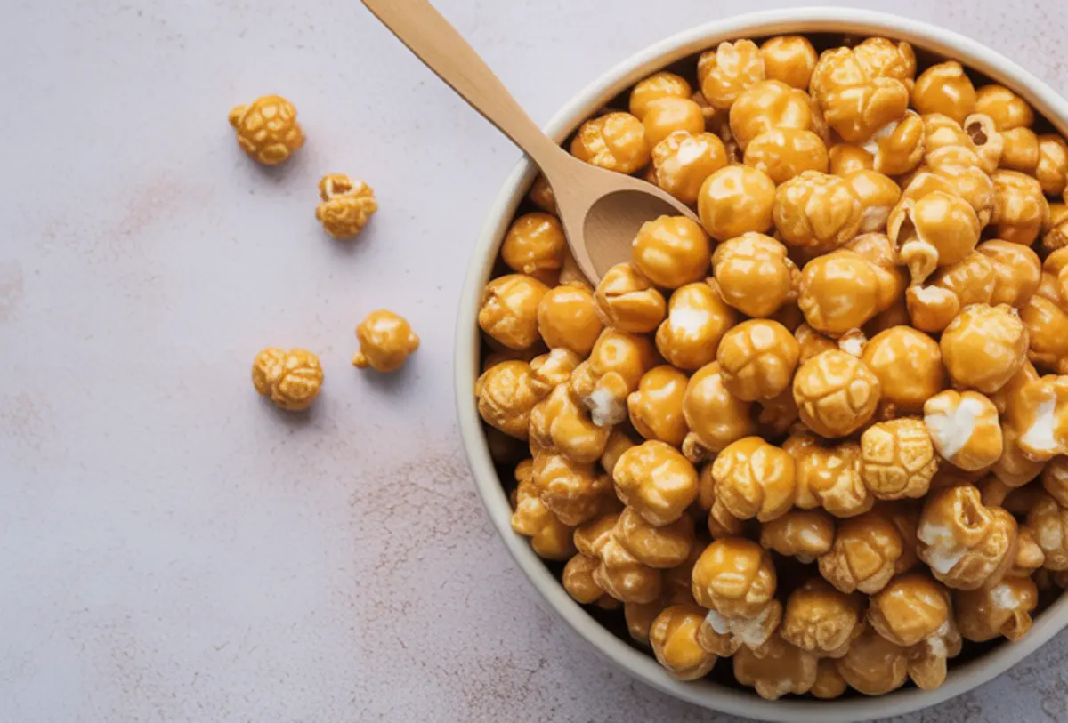 Caramel popcorn served in a bowl with a wooden spoon, highlighting golden coating and crispy texture with a few scattered kernels nearby.
