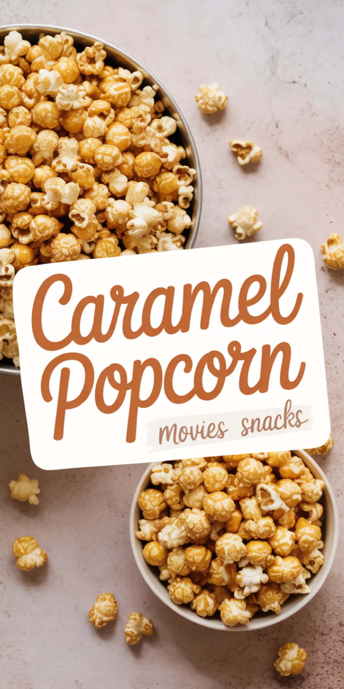 Two bowls of caramel popcorn on a marbled pink surface with playful scattered kernels, styled under a bold “Caramel Popcorn – Movies snacks” graphic overlay.
