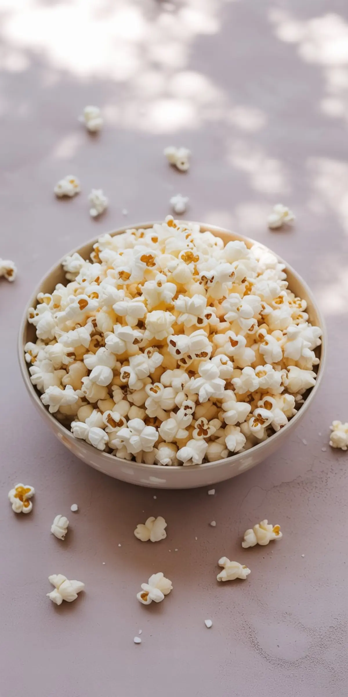 Bowl of plain popped popcorn on a light pink table with scattered popcorn around, ideal for movie night or homemade caramel snack recipes.
