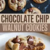 Collage image featuring chocolate chip walnut cookies on a dark surface in the top half, and a close-up of a cookie with melted chocolate center on a white plate in the bottom half.