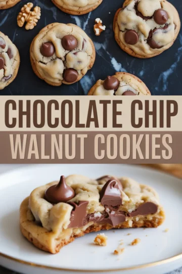 Collage image featuring chocolate chip walnut cookies on a dark surface in the top half, and a close-up of a cookie with melted chocolate center on a white plate in the bottom half.