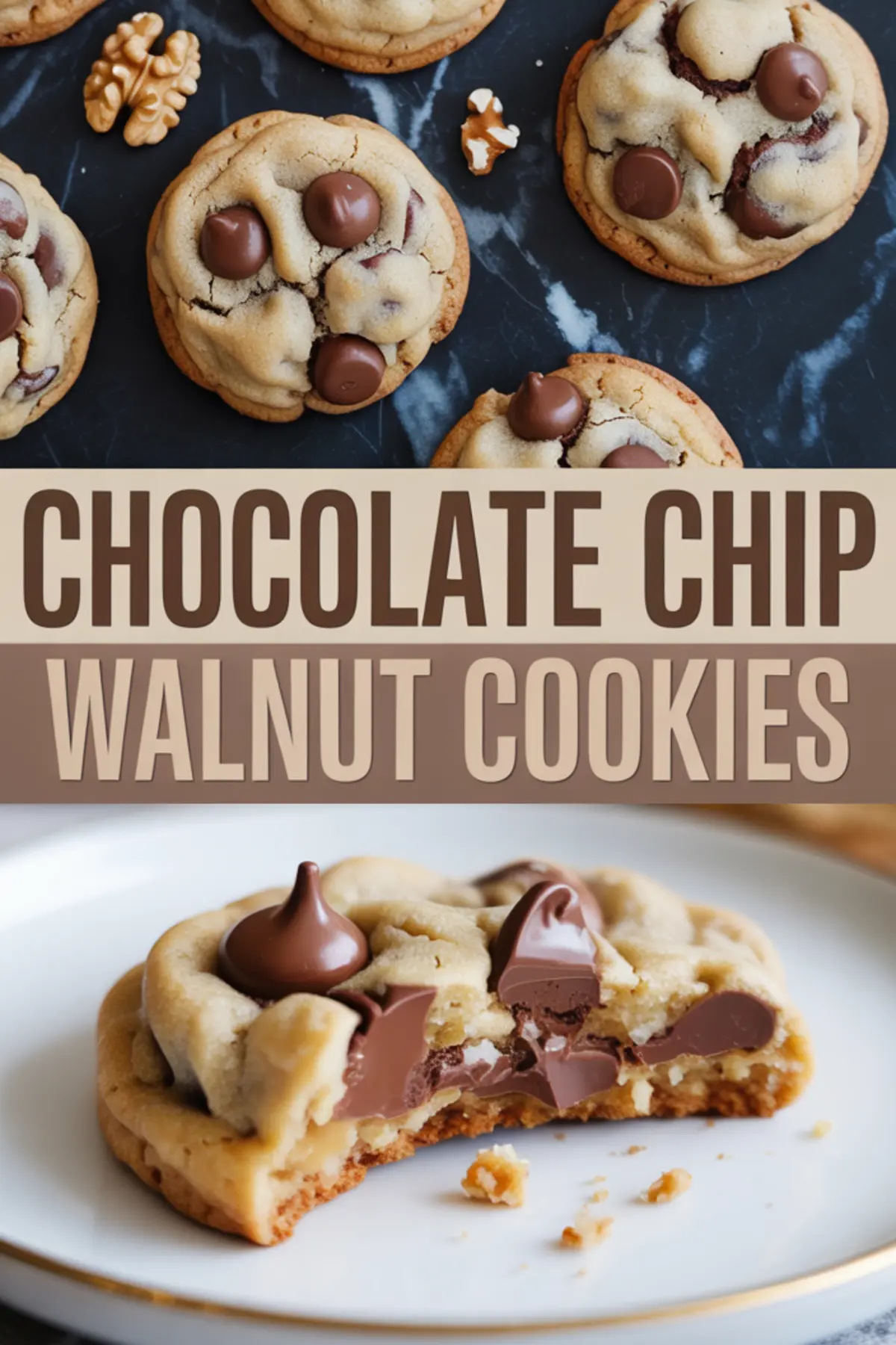 Collage image featuring chocolate chip walnut cookies on a dark surface in the top half, and a close-up of a cookie with melted chocolate center on a white plate in the bottom half.