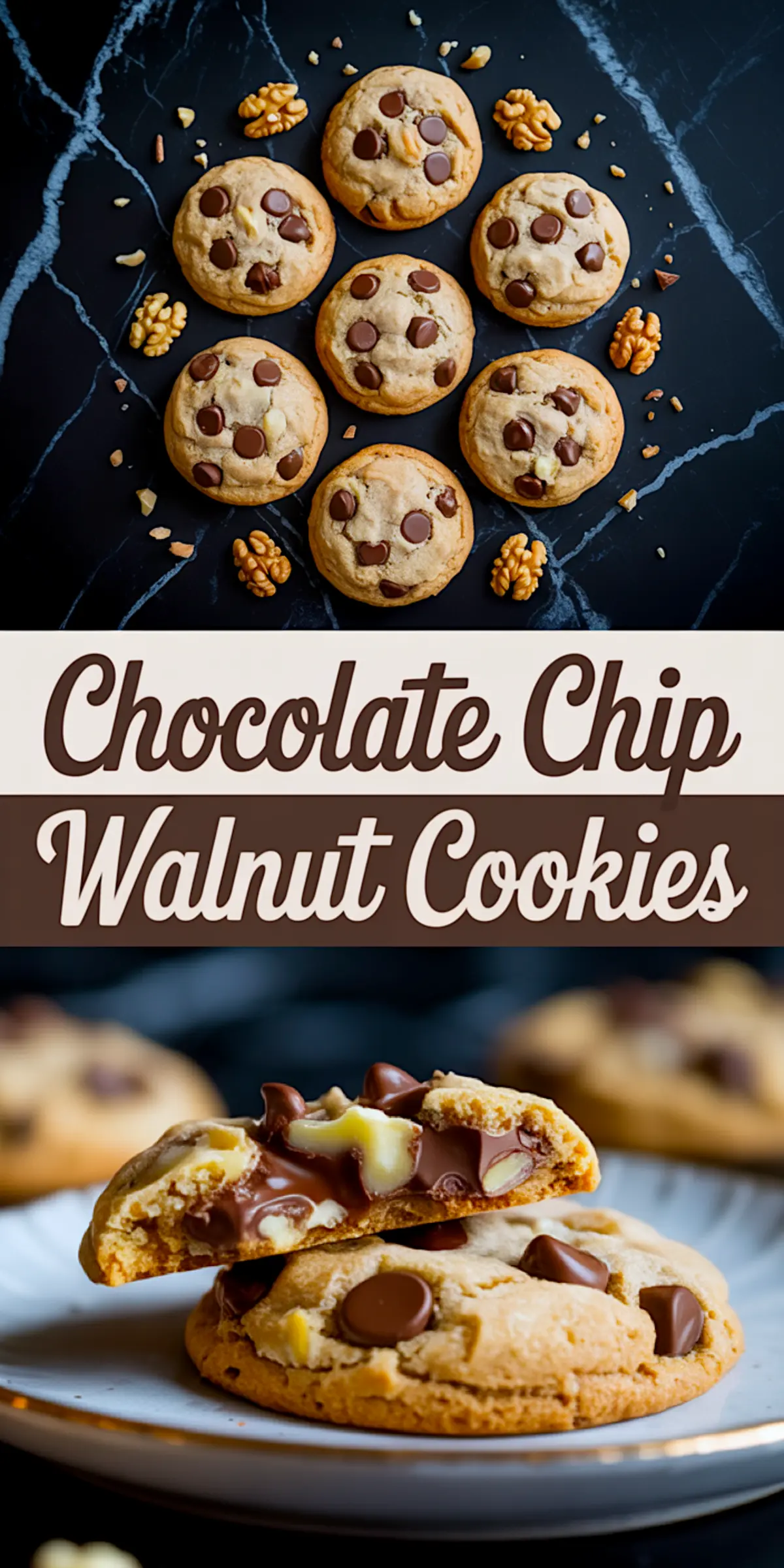 Collage image with freshly baked chocolate chip walnut cookies arranged in a circular pattern with scattered walnuts and chocolate chips in the top half, and a close-up of a cookie broken in half with melted chocolate and visible walnuts in the bottom half.