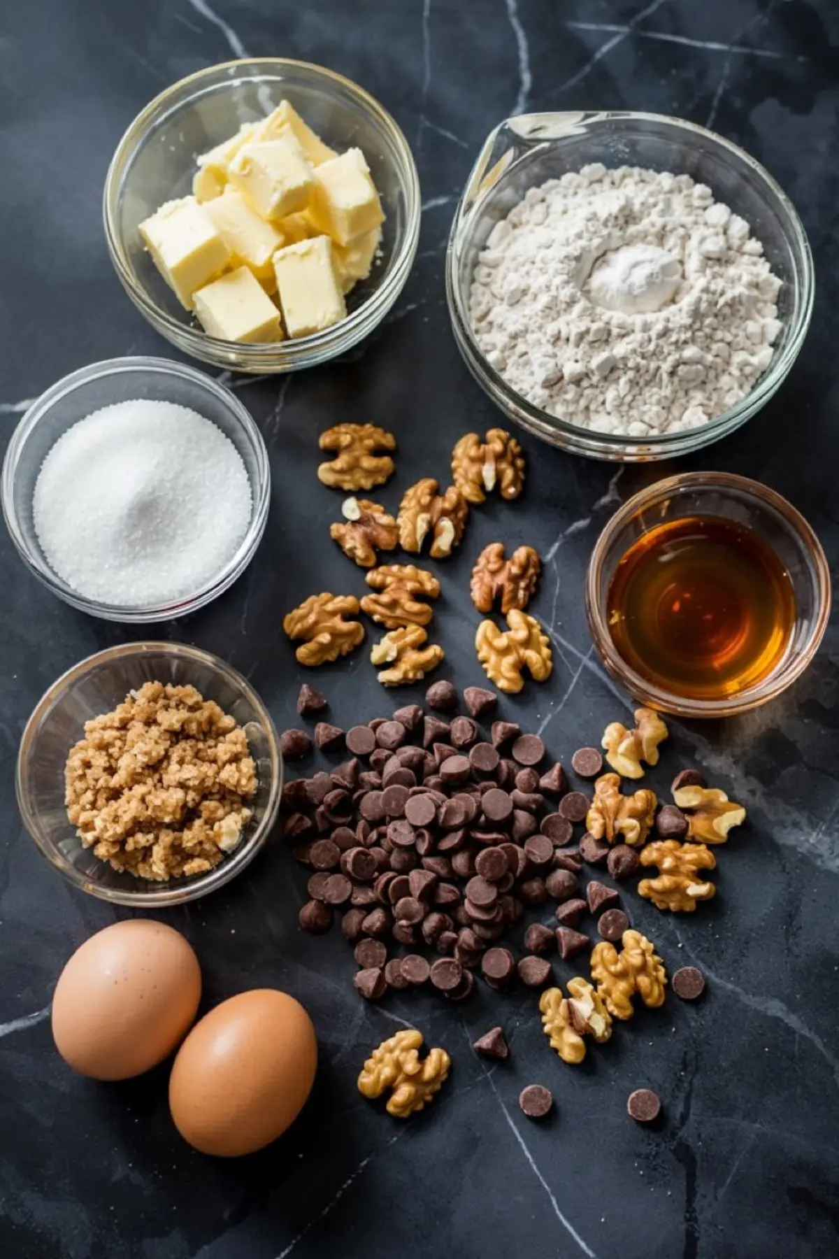 Flat lay of baking ingredients on a dark marble surface, including cubed butter, flour, white sugar, brown sugar, eggs, chocolate chips, walnuts, and vanilla extract, used for making chocolate chip walnut cookies.
