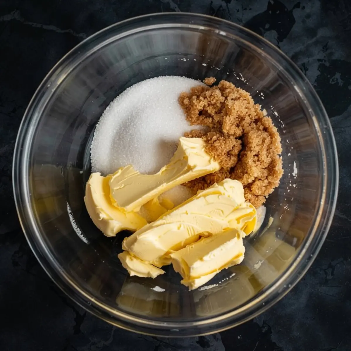 Glass mixing bowl filled with softened butter, white sugar, and brown sugar on a dark countertop, showing the creaming stage for chocolate chip walnut cookie dough.
