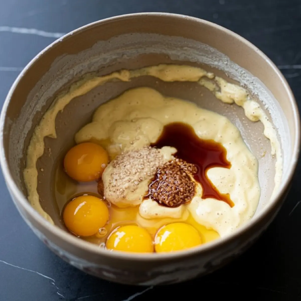 Ceramic bowl containing raw eggs, vanilla extract, and creamed sugar-butter mixture, showing the wet ingredients step in a chocolate chip walnut cookie recipe.
