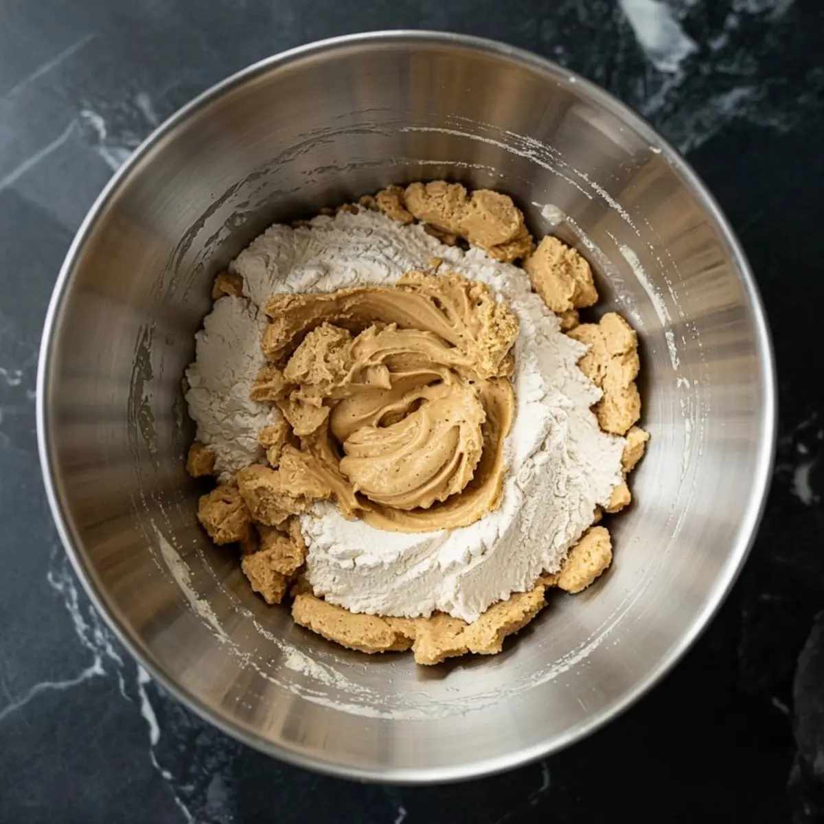 Metal mixing bowl with partially mixed cookie dough and flour, highlighting the process of combining dry and wet ingredients for chocolate chip walnut cookies.

