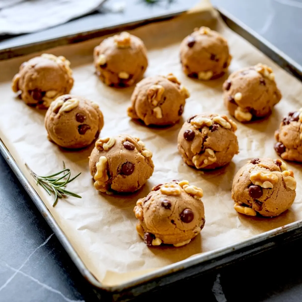 Unbaked cookie dough balls with chocolate chips and walnuts on a parchment-lined baking sheet, ready to be baked into chocolate chip walnut cookies.

