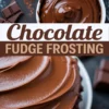 Chocolate fudge frosting collage with a swirl of smooth chocolate in a bowl and a spoon above, and a close-up of a cupcake topped with evenly spread glossy chocolate frosting below.