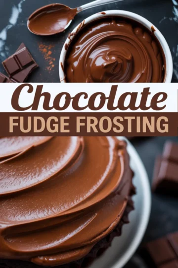 Chocolate fudge frosting collage with a swirl of smooth chocolate in a bowl and a spoon above, and a close-up of a cupcake topped with evenly spread glossy chocolate frosting below.
