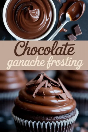 Top view of a bowl of chocolate ganache with a spoon and chocolate chunks, paired with a close-up of a chocolate cupcake topped with glossy ganache frosting and chocolate curls, labeled “Chocolate ganache frosting.”