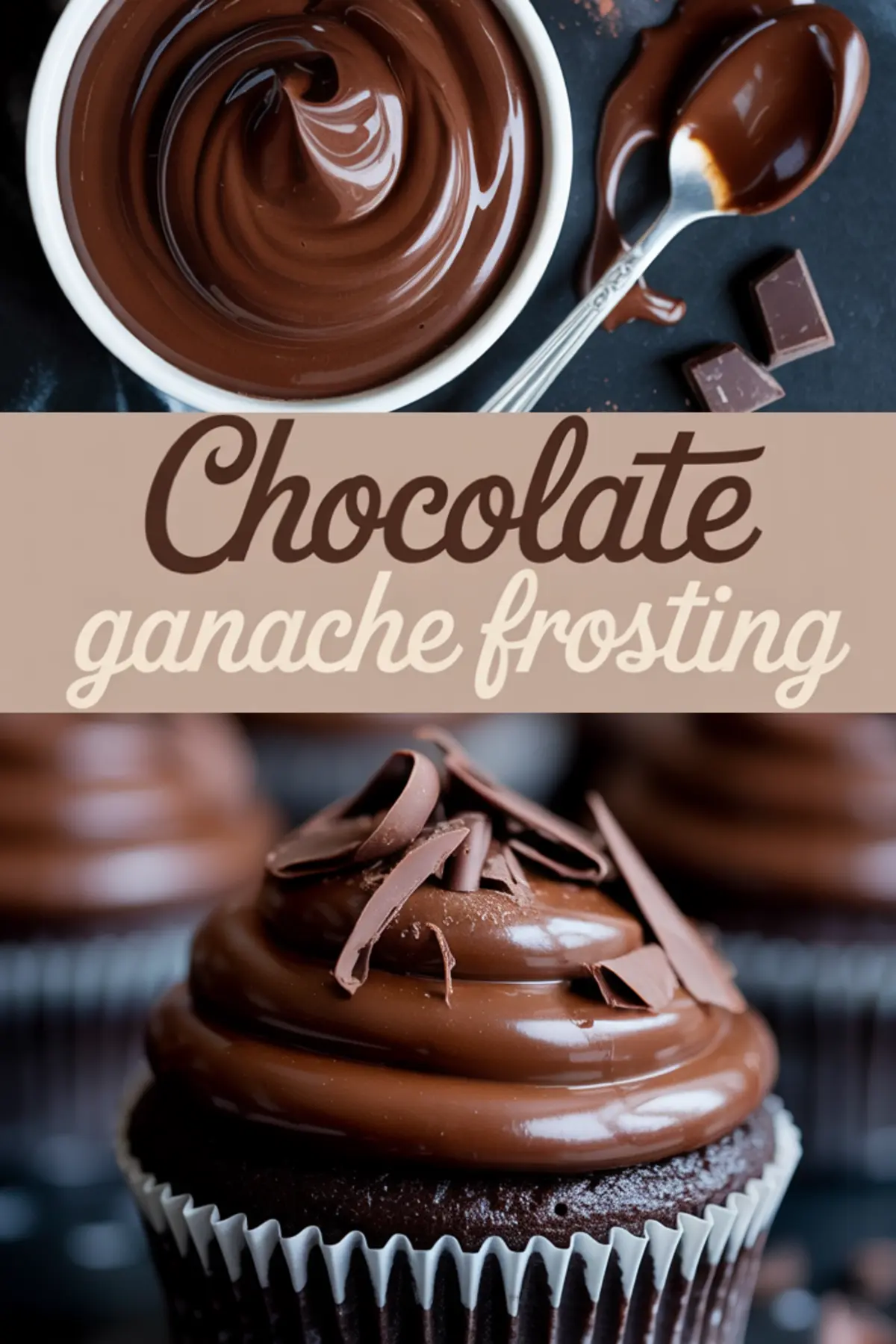 Top view of a bowl of chocolate ganache with a spoon and chocolate chunks, paired with a close-up of a chocolate cupcake topped with glossy ganache frosting and chocolate curls, labeled “Chocolate ganache frosting.”