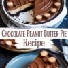 Chocolate peanut butter pie with a dark Oreo crust and swirled chocolate ganache topping, decorated with mini peanut butter cups, with one slice removed to reveal the creamy layered filling.