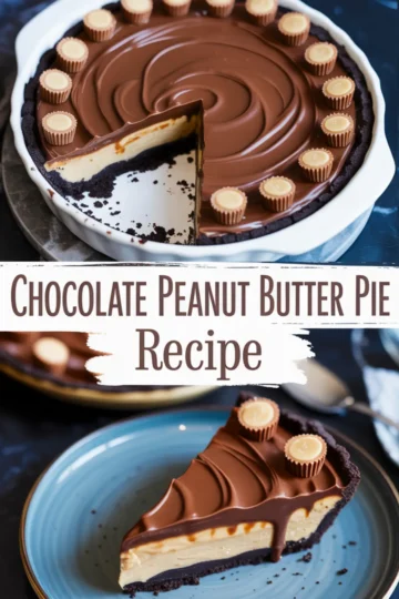 Chocolate peanut butter pie with a dark Oreo crust and swirled chocolate ganache topping, decorated with mini peanut butter cups, with one slice removed to reveal the creamy layered filling.
