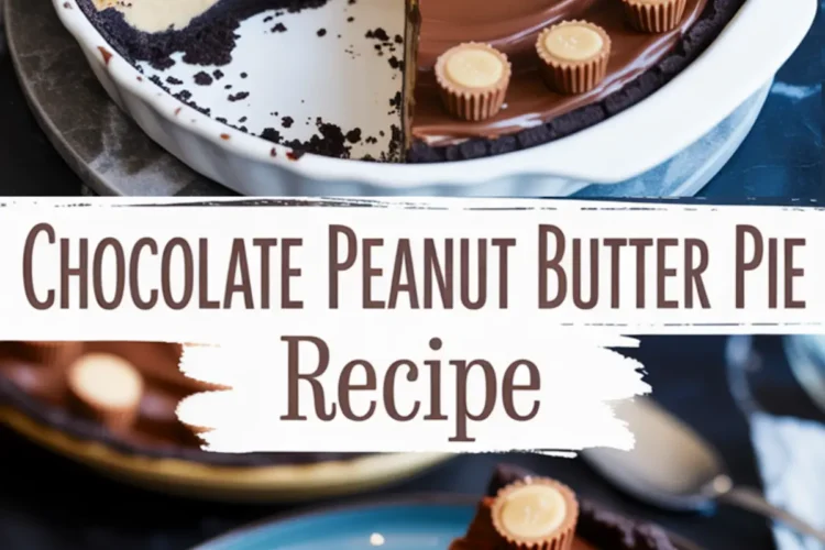 Chocolate peanut butter pie with a dark Oreo crust and swirled chocolate ganache topping, decorated with mini peanut butter cups, with one slice removed to reveal the creamy layered filling.