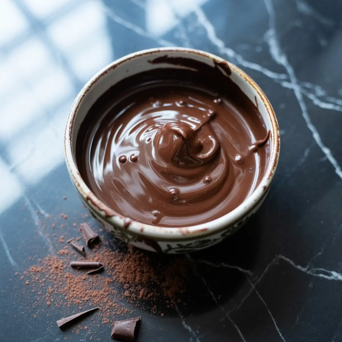 Rich, glossy melted chocolate in a ceramic bowl with scattered cocoa powder and chocolate chunks on a black stone surface.
