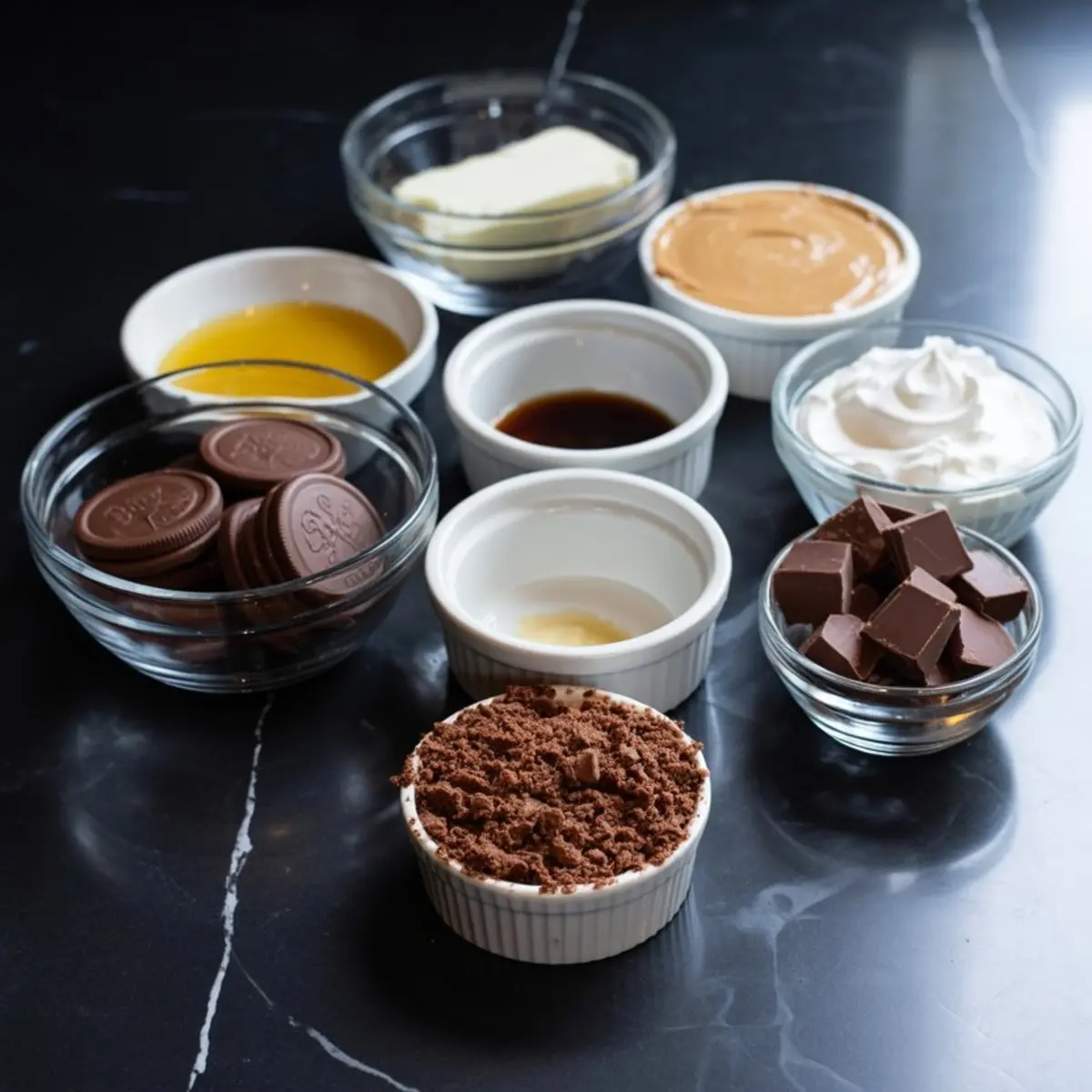 Glass and ceramic bowls filled with chocolate sandwich cookies, chopped milk chocolate, peanut butter, cocoa powder, whipped topping, melted butter, vanilla extract, and cream cheese arranged on a black marble counter for a no-bake chocolate peanut butter pie.