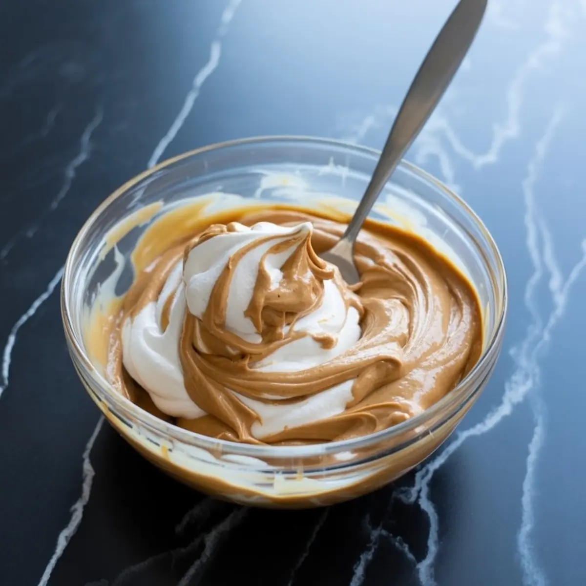 Glass bowl with swirls of whipped topping and creamy peanut butter being gently mixed with a spoon on a black marble countertop.