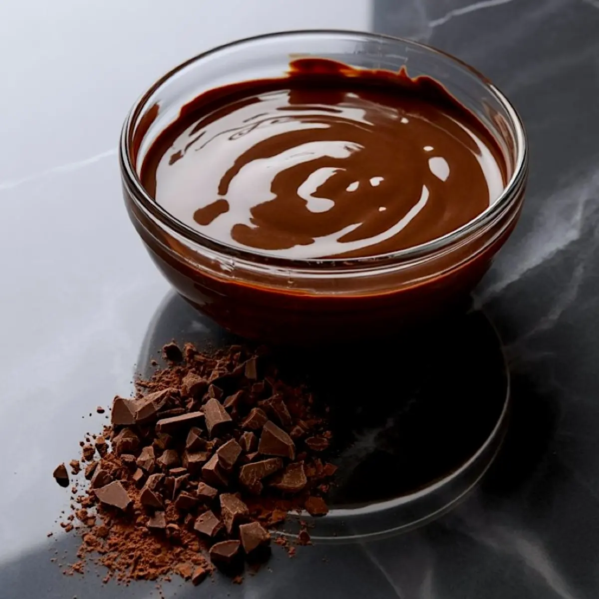Bowl of rich, melted dark chocolate with a pile of chocolate chunks and cocoa powder on a reflective black marble surface, ideal for making chocolate bark or festive sweets.