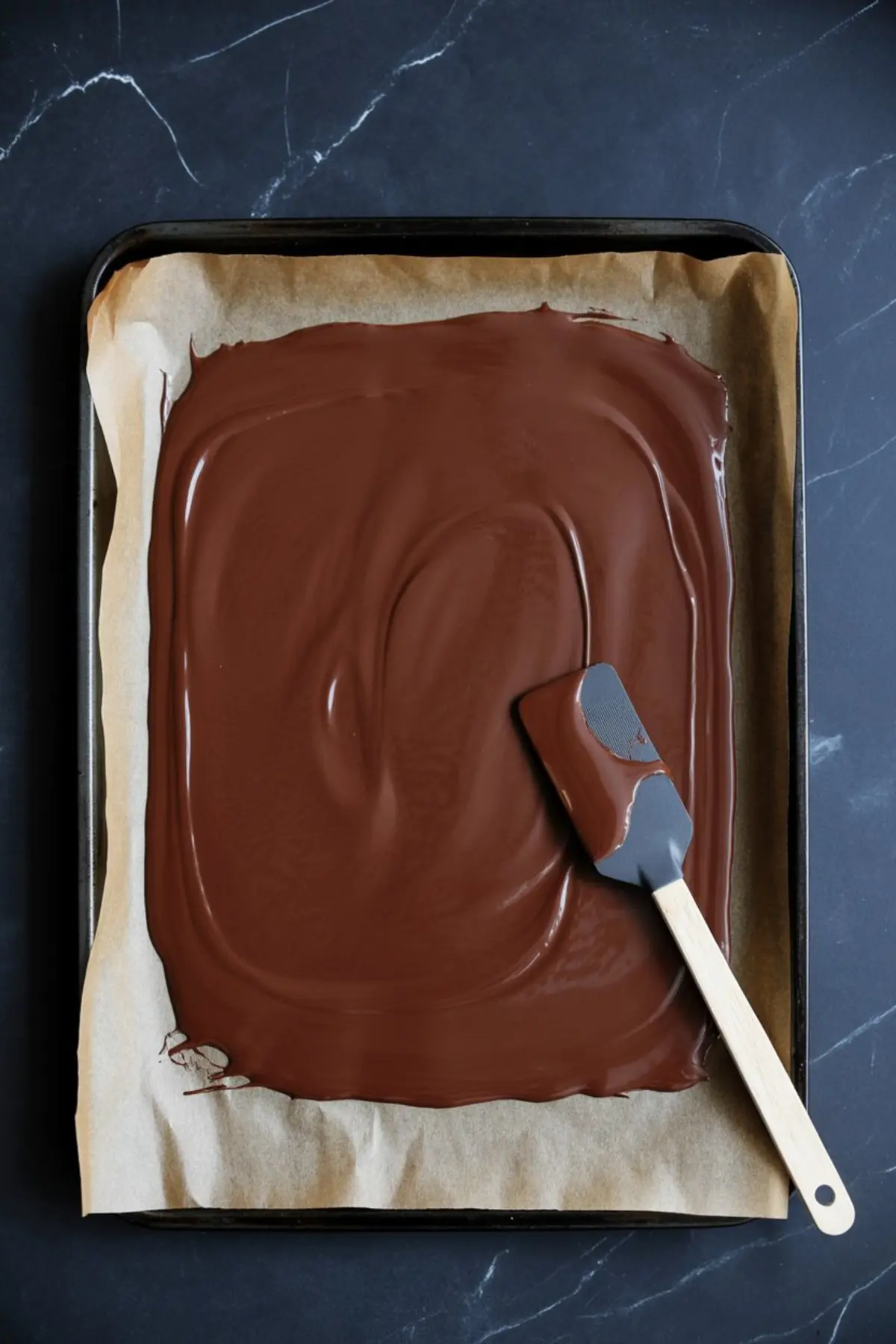 Melted chocolate spread evenly on a parchment-lined baking tray with a spatula on the side, ready for homemade chocolate bark or layered Christmas candy recipes.