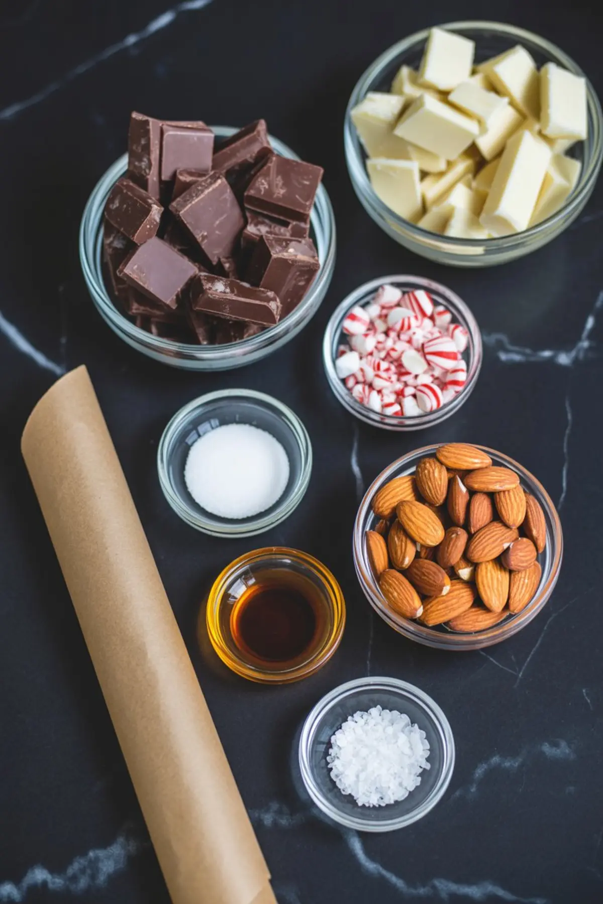 Flat lay of chocolate bark ingredients including dark chocolate, white chocolate, crushed peppermint candies, whole almonds, sea salt, vanilla extract, and sugar in glass bowls on a black marble surface.