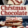 Collage showing festive Christmas chocolate bark topped with crushed peppermint, swirled with white and dark chocolate layers, and styled with stacked candy pieces. Includes bold holiday typography “Christmas Chocolate” for holiday gift inspiration and easy Christmas candy recipes.