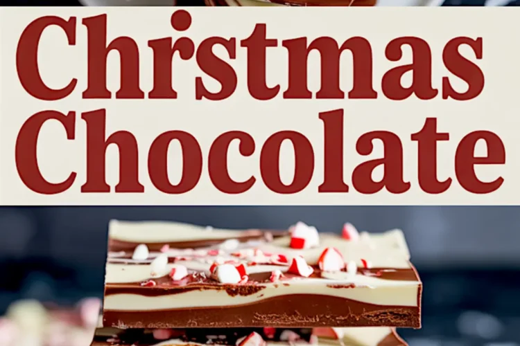 Collage showing festive Christmas chocolate bark topped with crushed peppermint, swirled with white and dark chocolate layers, and styled with stacked candy pieces. Includes bold holiday typography “Christmas Chocolate” for holiday gift inspiration and easy Christmas candy recipes.