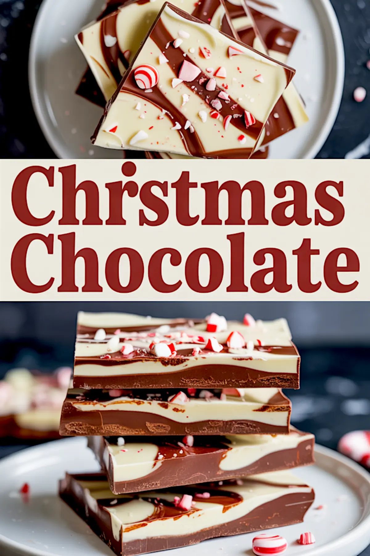 Collage showing festive Christmas chocolate bark topped with crushed peppermint, swirled with white and dark chocolate layers, and styled with stacked candy pieces. Includes bold holiday typography “Christmas Chocolate” for holiday gift inspiration and easy Christmas candy recipes.