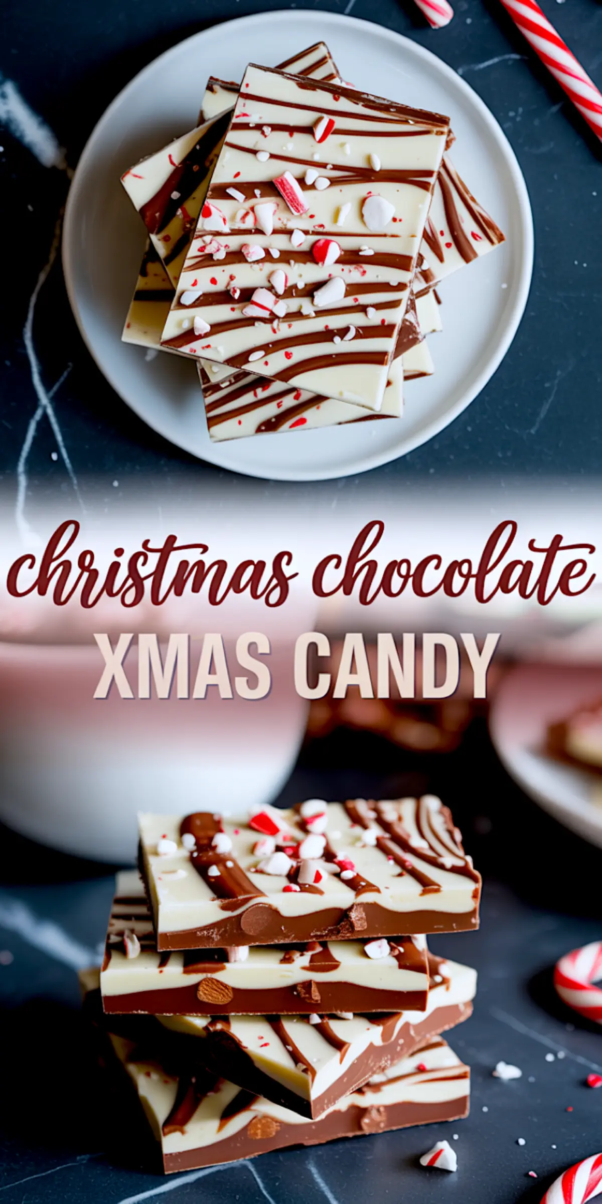 Festive collage of swirled chocolate bark with peppermint candy pieces, stacked on white plates and labeled “Christmas Chocolate” and “Xmas Candy,” perfect for DIY holiday treats and homemade edible gifts.