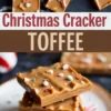 Collage of Christmas cracker toffee with broken peppermint candy and colorful holiday sprinkles on top half, and bottom half showing stacked square toffee bars with wavy caramel surface and scattered toppings on a white plate.