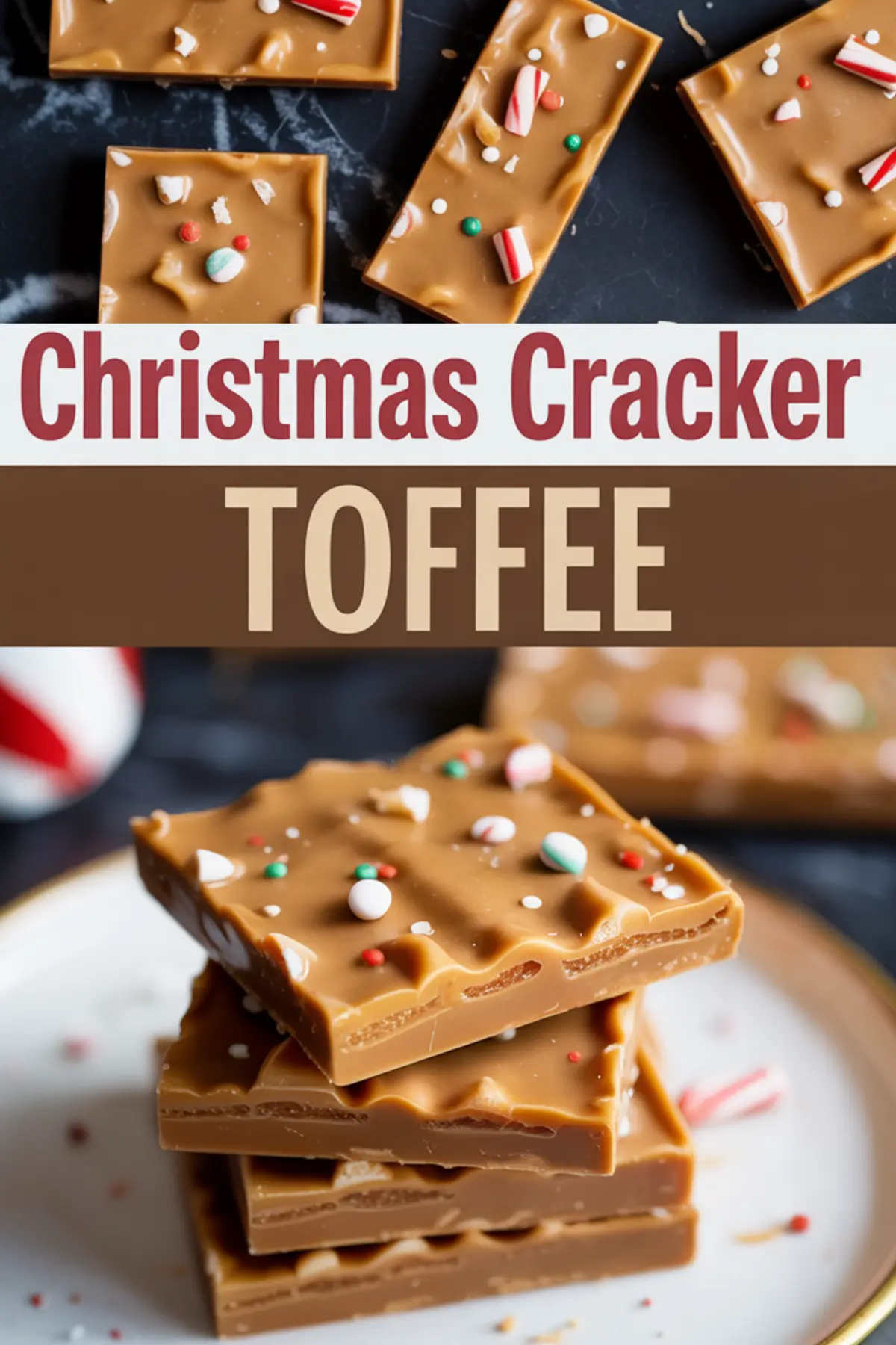 Collage of Christmas cracker toffee with broken peppermint candy and colorful holiday sprinkles on top half, and bottom half showing stacked square toffee bars with wavy caramel surface and scattered toppings on a white plate.
