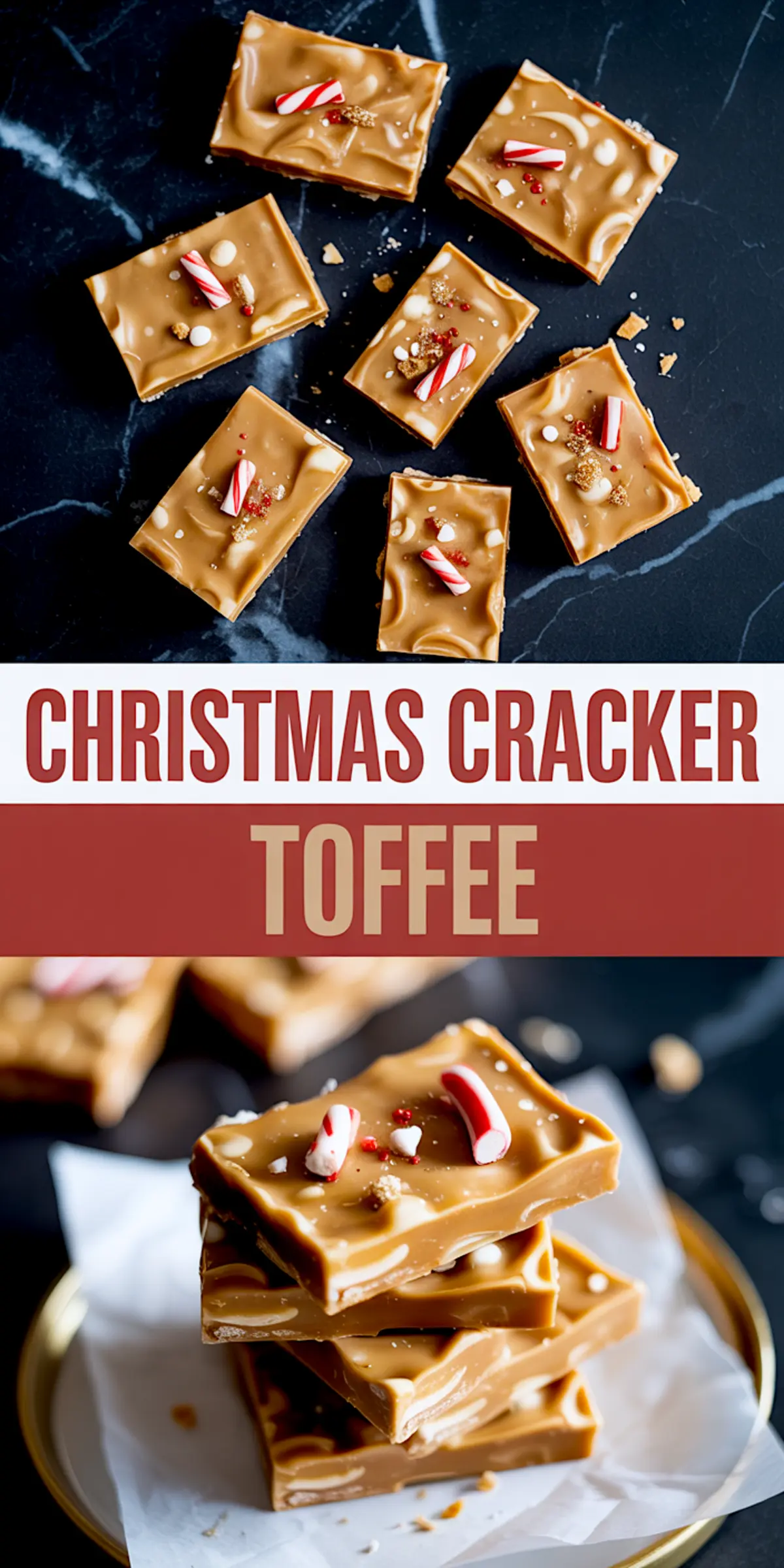 Collage featuring rectangular pieces of Christmas cracker toffee decorated with crushed peppermint sticks and white chocolate bits on top half, and close-up of stacked caramel toffee bars with broken candy cane garnish on a round plate with parchment paper on bottom half.
