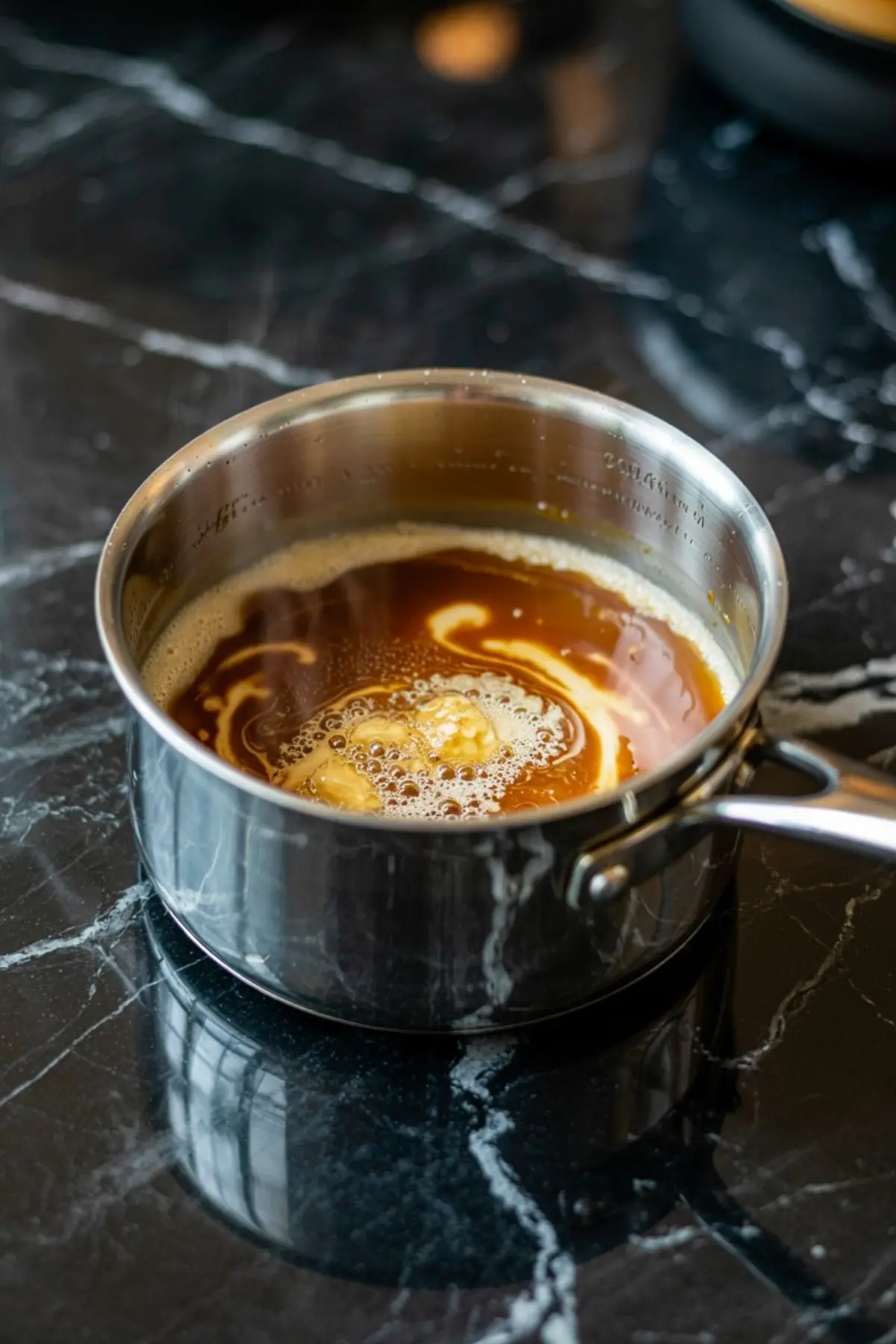 Stainless steel saucepan on black marble countertop with butter melting into hot brown sugar mixture for homemade toffee preparation.
