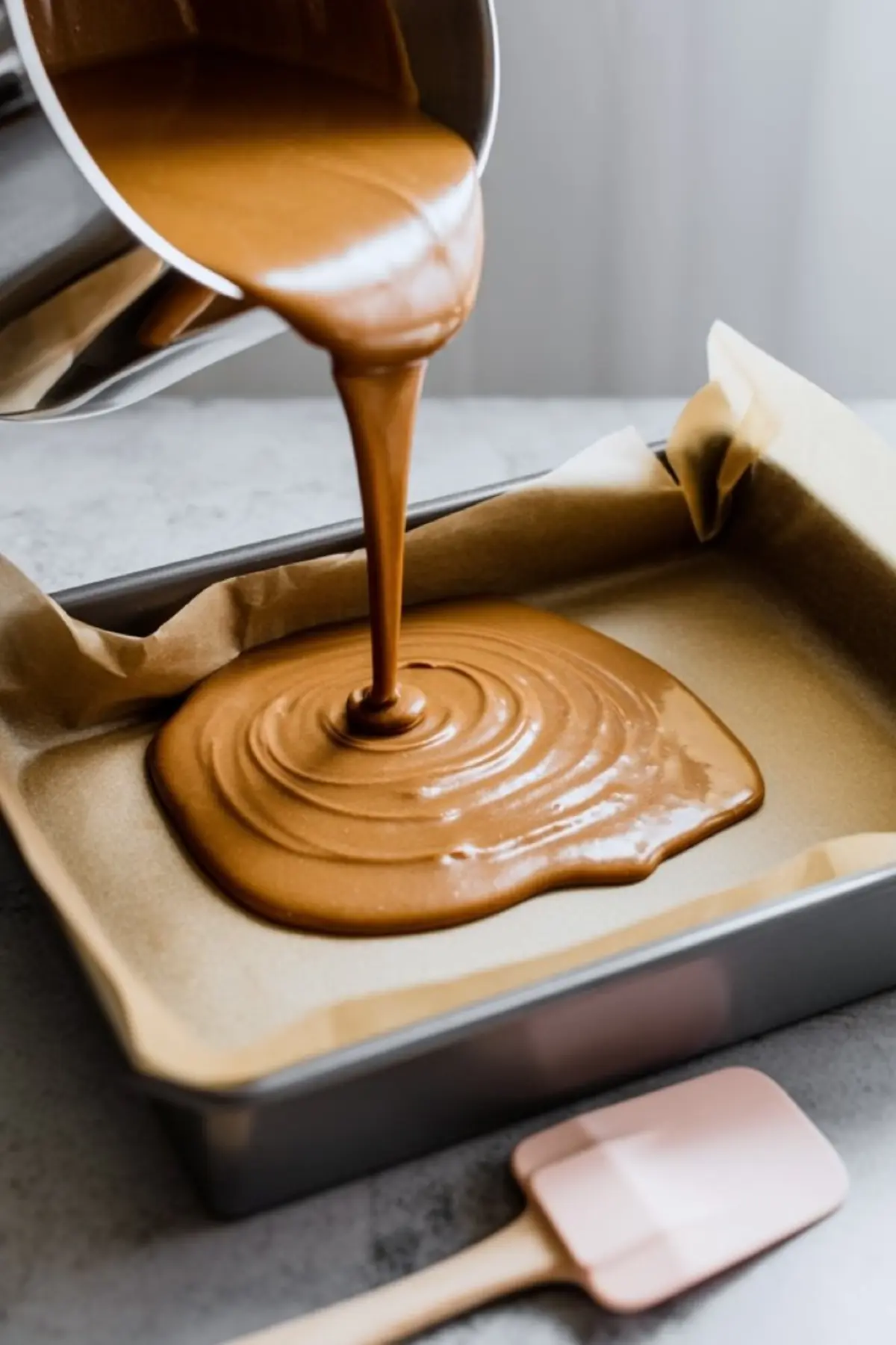 Thick caramel fudge batter being poured from a saucepan into a parchment-lined baking pan, ready to set for slicing into creamy homemade fudge squares.