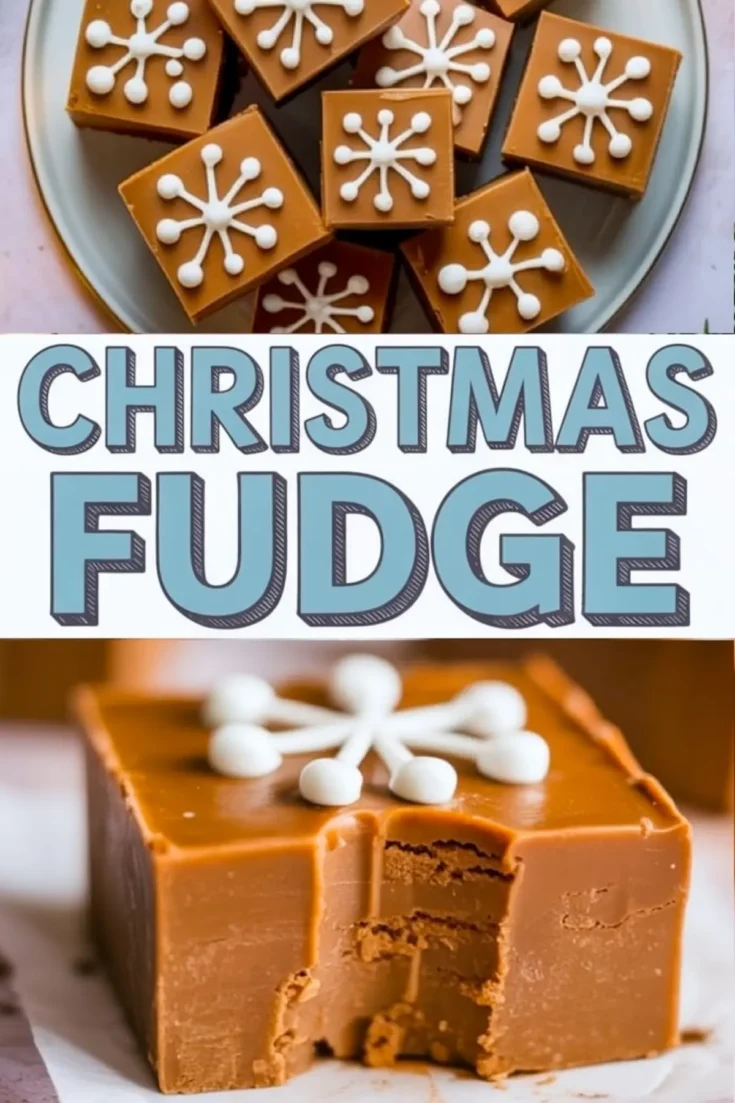 Collage featuring top view of caramel fudge with white snowflake decorations, bold “Christmas Fudge” text in the middle, and a close-up of a fudge square with a bite taken out, showcasing a rich, velvety texture.