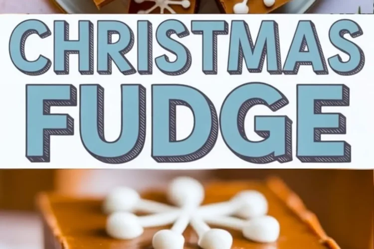 Collage featuring top view of caramel fudge with white snowflake decorations, bold “Christmas Fudge” text in the middle, and a close-up of a fudge square with a bite taken out, showcasing a rich, velvety texture.
