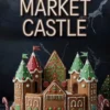 Fully assembled gingerbread castle with green and red turret roofs, colorful candy accents, candy canes, and gingerbread figures standing on a white-iced base, styled for a Christmas market theme.