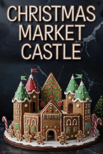 Fully assembled gingerbread castle with green and red turret roofs, colorful candy accents, candy canes, and gingerbread figures standing on a white-iced base, styled for a Christmas market theme.