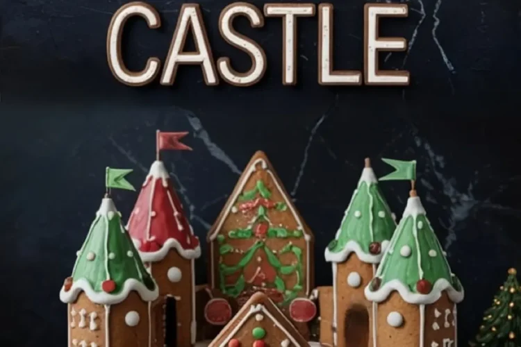 Fully assembled gingerbread castle with green and red turret roofs, colorful candy accents, candy canes, and gingerbread figures standing on a white-iced base, styled for a Christmas market theme.