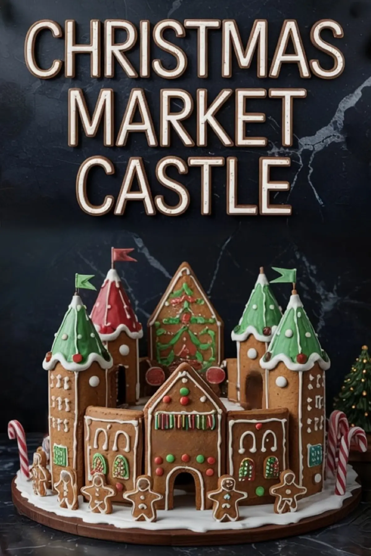 Fully assembled gingerbread castle with green and red turret roofs, colorful candy accents, candy canes, and gingerbread figures standing on a white-iced base, styled for a Christmas market theme.