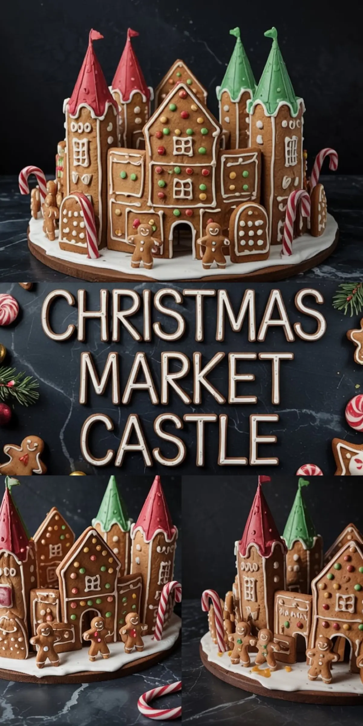 Holiday gingerbread castle decorated with colorful round candies, striped candy canes, red and green turret tops, and smiling gingerbread figures, assembled in a circular structure with snow-like icing on a dark marble background.
