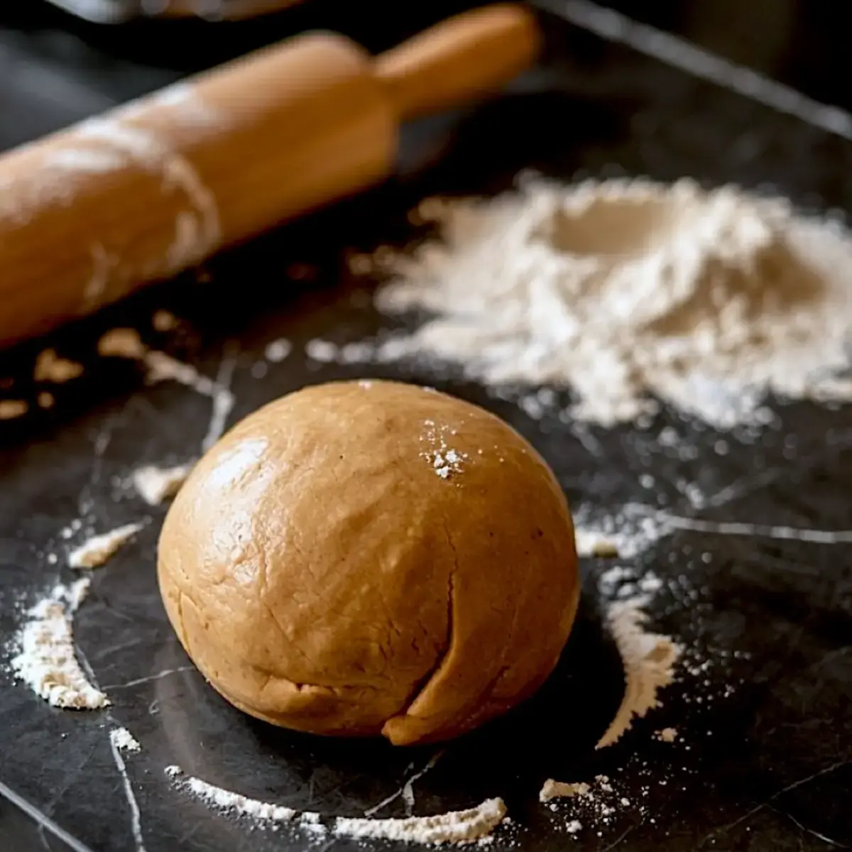 Ball of gingerbread dough on a floured black surface beside a wooden rolling pin, prepared for rolling and cutting into festive cookie shapes.
