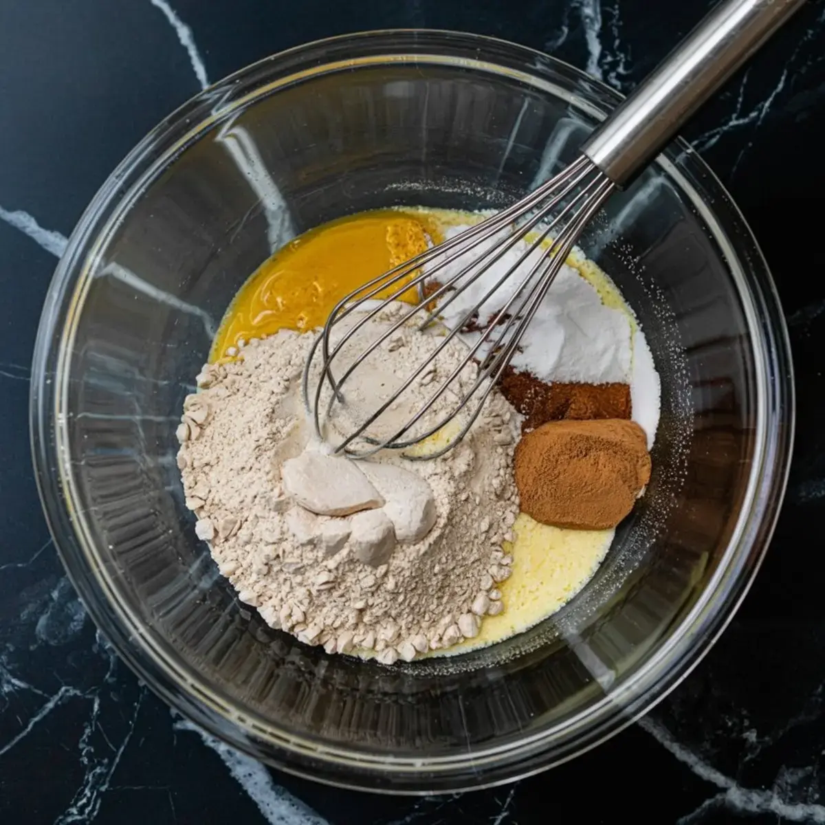 Gingerbread dough ingredients including flour, butter, sugar, eggs, cinnamon, baking soda, and ginger mixed in a glass bowl with a metal whisk on a black marble surface.

