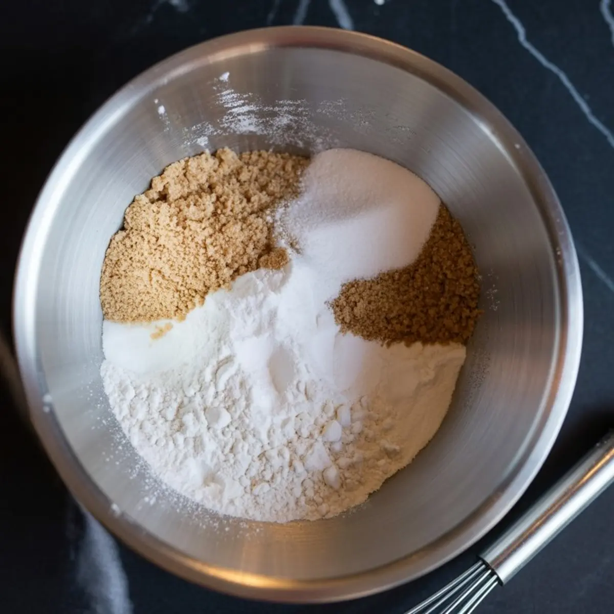 Stainless steel mixing bowl filled with dry pancake ingredients including flour, brown sugar, white sugar, and baking powder on a dark countertop with a whisk nearby.