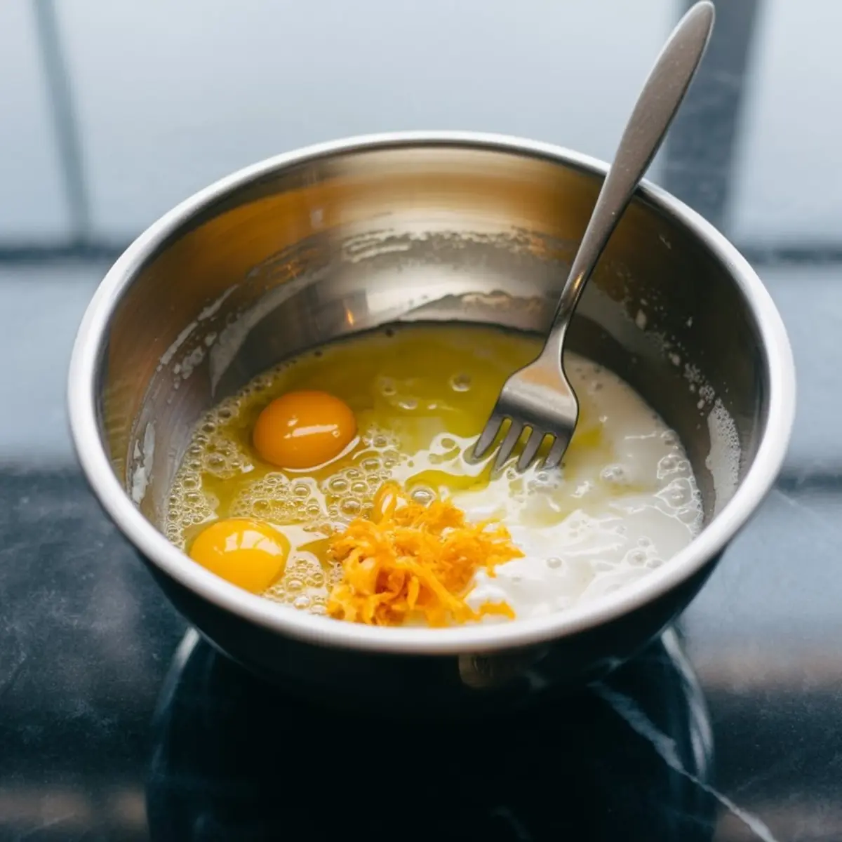 Metal mixing bowl with cracked eggs, milk, and fresh orange zest ready to be whisked for pancake batter on a dark reflective surface.