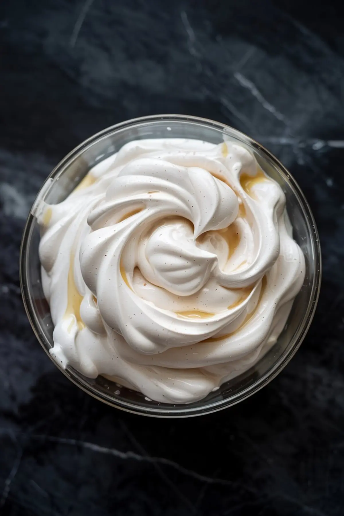 Close-up of thick vanilla meringue in a glass bowl with soft swirls and visible specks, showcasing the whipped texture before baking a pavlova or other meringue-based dessert.
